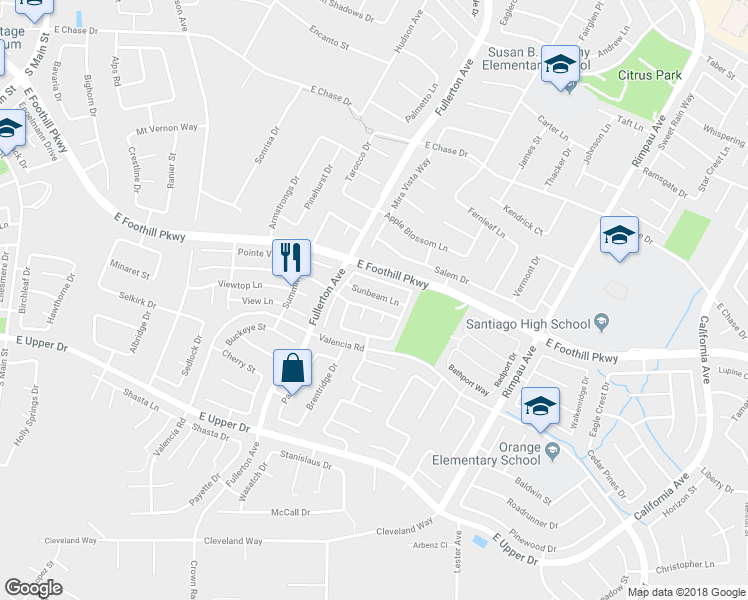 map of restaurants, bars, coffee shops, grocery stores, and more near 1048 Sunbeam Lane in Corona