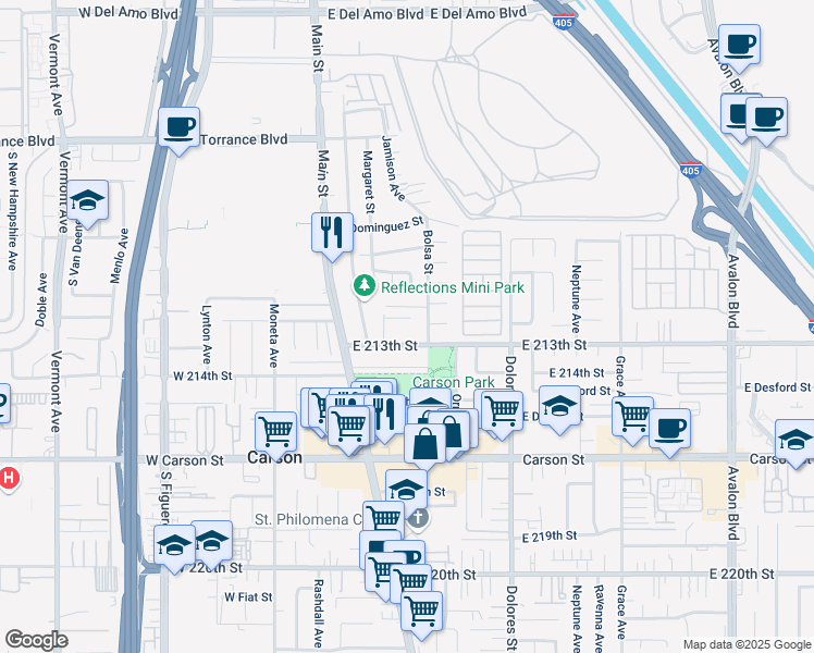 map of restaurants, bars, coffee shops, grocery stores, and more near 171 East 213th Street in Carson