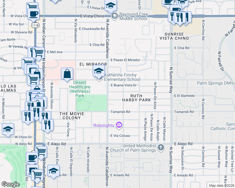 map of restaurants, bars, coffee shops, grocery stores, and more near 1065 East San Jacinto Way in Palm Springs
