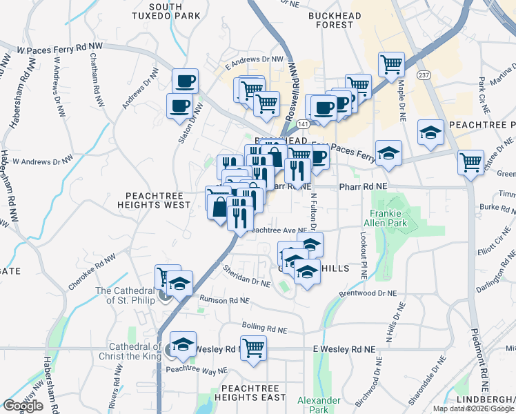 map of restaurants, bars, coffee shops, grocery stores, and more near 14 Peachtree Avenue Northeast in Atlanta
