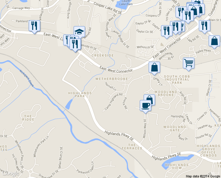 map of restaurants, bars, coffee shops, grocery stores, and more near 1407 Hornell Lane in Smyrna