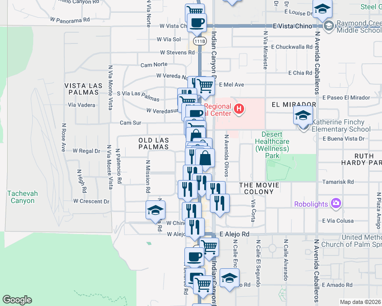 map of restaurants, bars, coffee shops, grocery stores, and more near 155 Hermosa Place in Palm Springs