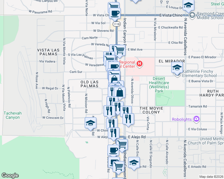 map of restaurants, bars, coffee shops, grocery stores, and more near 155 Hermosa Place in Palm Springs