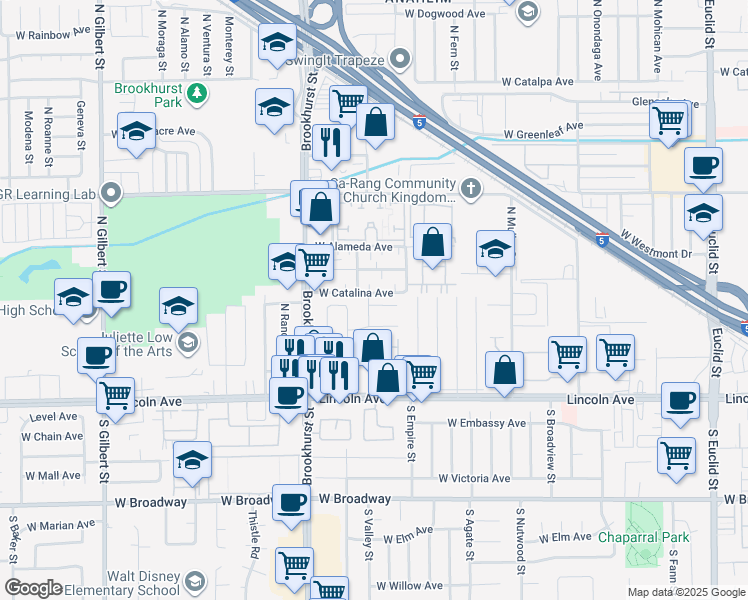 map of restaurants, bars, coffee shops, grocery stores, and more near 2127 West Sunrise Avenue in Anaheim