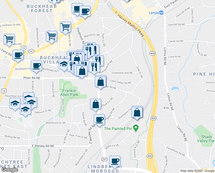 map of restaurants, bars, coffee shops, grocery stores, and more near Burke Road Northeast & Timm Valley Road Northeast in Atlanta