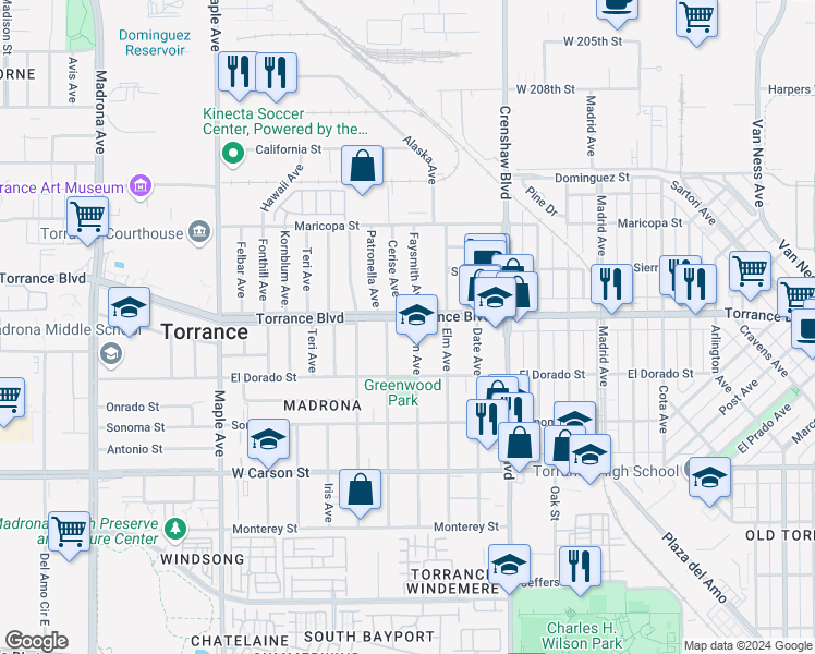 map of restaurants, bars, coffee shops, grocery stores, and more near 2660 Torrance Boulevard in Torrance