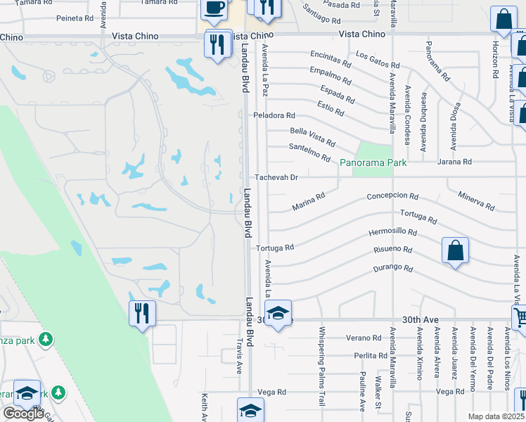 map of restaurants, bars, coffee shops, grocery stores, and more near 29290 Landau Boulevard in Cathedral City