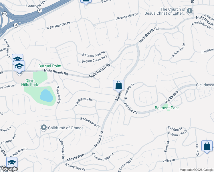 map of restaurants, bars, coffee shops, grocery stores, and more near 3714 East Mandeville Place in Orange