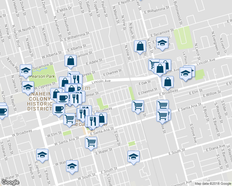 map of restaurants, bars, coffee shops, grocery stores, and more near 116 South Melrose Street in Anaheim