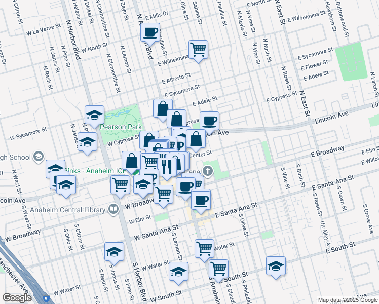 map of restaurants, bars, coffee shops, grocery stores, and more near 100 South Anaheim Boulevard in Anaheim