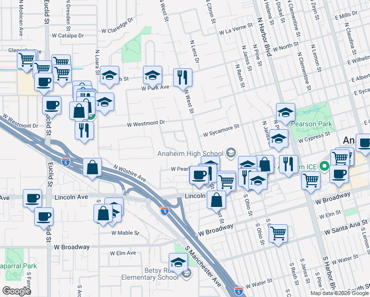 map of restaurants, bars, coffee shops, grocery stores, and more near 1207 West Dwyer Drive in Anaheim