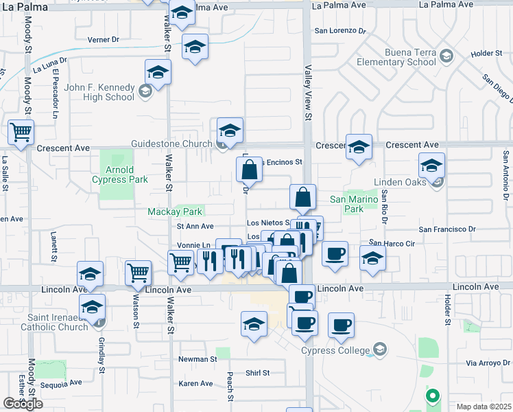 map of restaurants, bars, coffee shops, grocery stores, and more near 5780 Los Ranchos Drive in Buena Park
