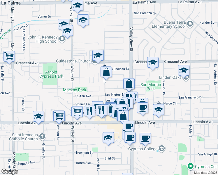 map of restaurants, bars, coffee shops, grocery stores, and more near 5780 Los Ranchos Drive in Buena Park