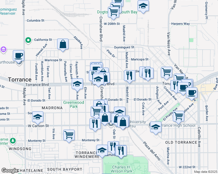 map of restaurants, bars, coffee shops, grocery stores, and more near 1225 Beech Avenue in Torrance