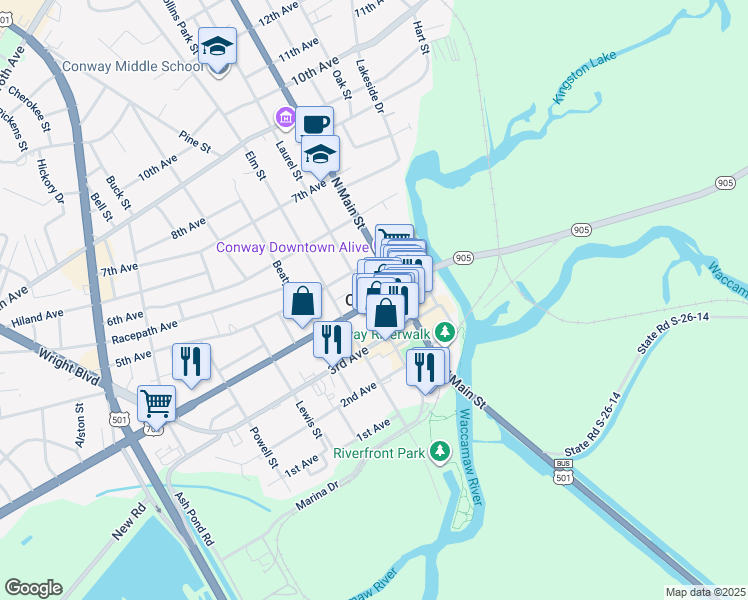 map of restaurants, bars, coffee shops, grocery stores, and more near in Conway