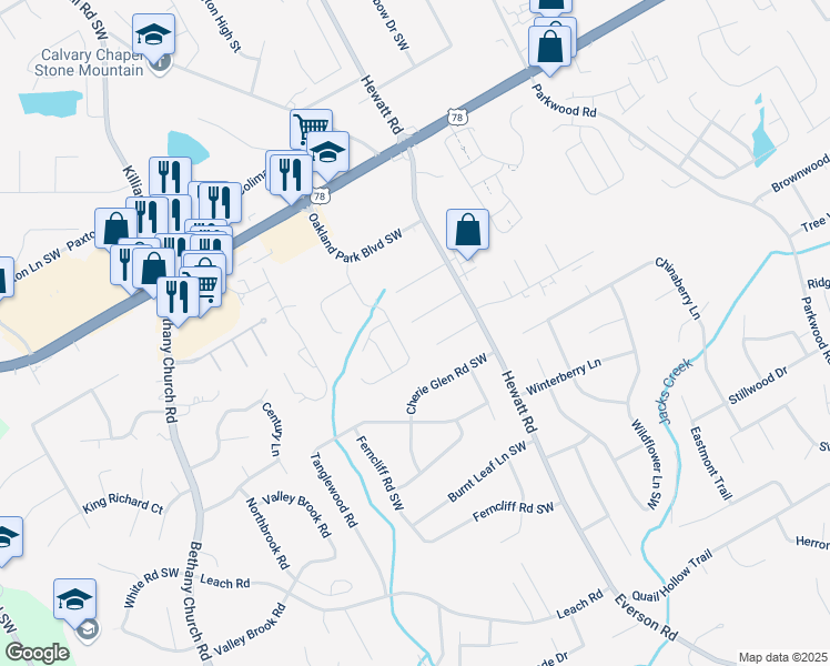 map of restaurants, bars, coffee shops, grocery stores, and more near 3814 Lamar Way Southwest in Snellville