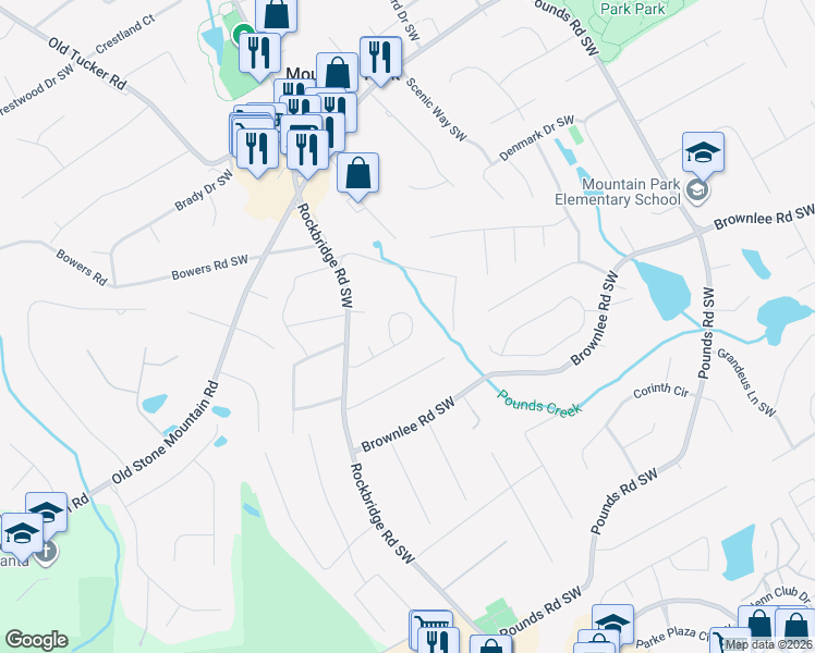 map of restaurants, bars, coffee shops, grocery stores, and more near 5220 Village View Lane Southwest in Stone Mountain