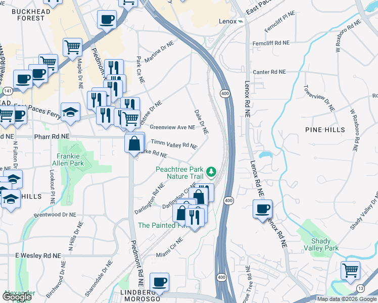 map of restaurants, bars, coffee shops, grocery stores, and more near 2946 Dale Drive Northeast in Atlanta