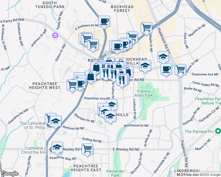 map of restaurants, bars, coffee shops, grocery stores, and more near 40 Peachtree Avenue Northeast in Atlanta
