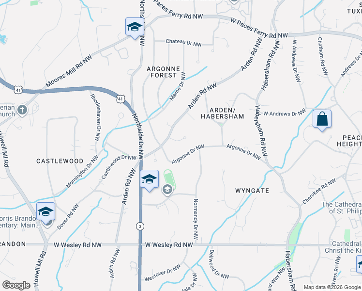 map of restaurants, bars, coffee shops, grocery stores, and more near 501 Argonne Drive Northwest in Atlanta