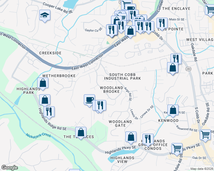 map of restaurants, bars, coffee shops, grocery stores, and more near 1582 Derry Brooke Walk Southeast in Smyrna
