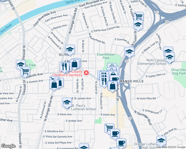 map of restaurants, bars, coffee shops, grocery stores, and more near 1289 East Lincoln Avenue in Orange