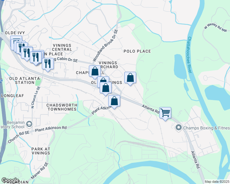 map of restaurants, bars, coffee shops, grocery stores, and more near 4831 Stonehall Place in Atlanta