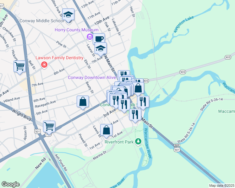 map of restaurants, bars, coffee shops, grocery stores, and more near in Conway