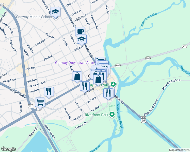 map of restaurants, bars, coffee shops, grocery stores, and more near in Conway
