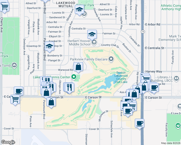 map of restaurants, bars, coffee shops, grocery stores, and more near 3446 Warwood Road in Lakewood