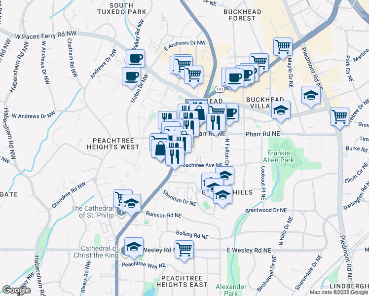 map of restaurants, bars, coffee shops, grocery stores, and more near 2965 Peachtree Road in Atlanta