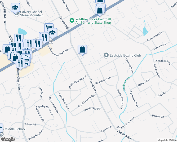 map of restaurants, bars, coffee shops, grocery stores, and more near 2408 Hewatt Road in Snellville