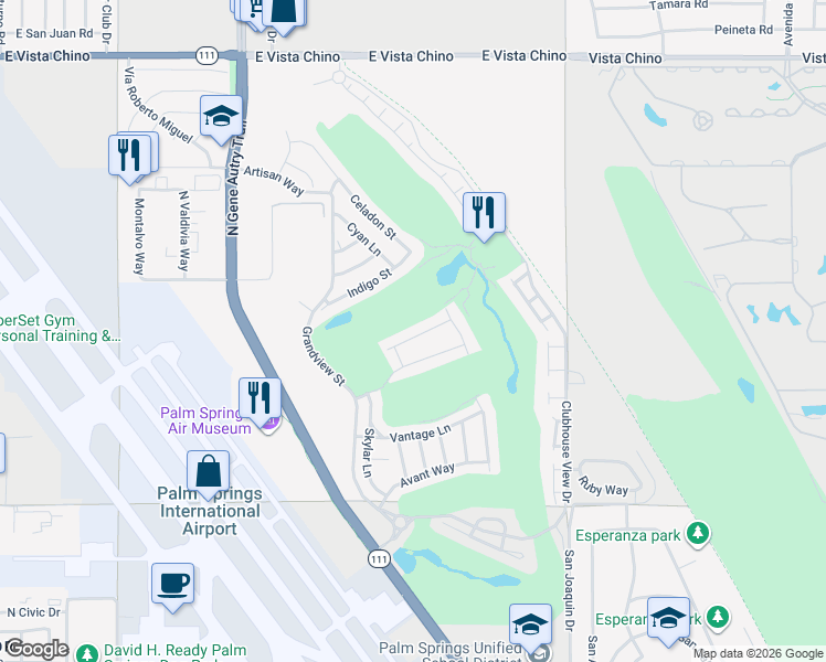 map of restaurants, bars, coffee shops, grocery stores, and more near 4321 Lumina Way in Palm Springs