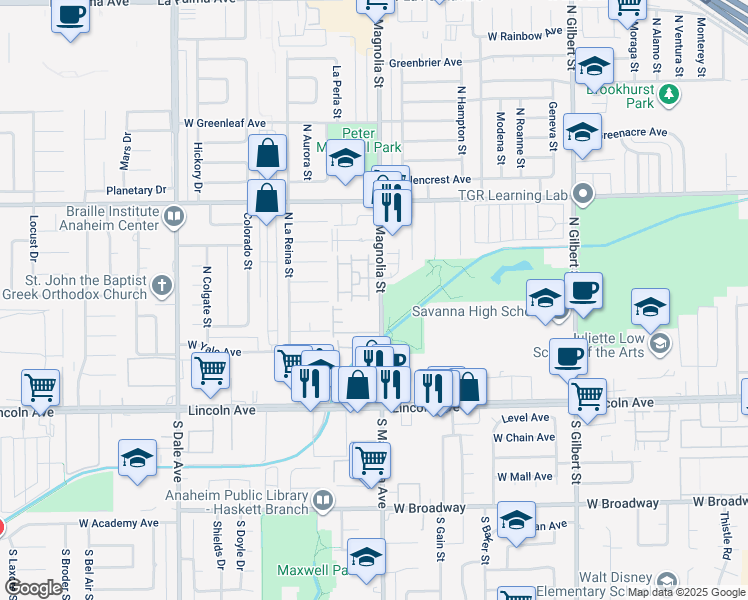 map of restaurants, bars, coffee shops, grocery stores, and more near 305 North Magnolia Avenue in Anaheim