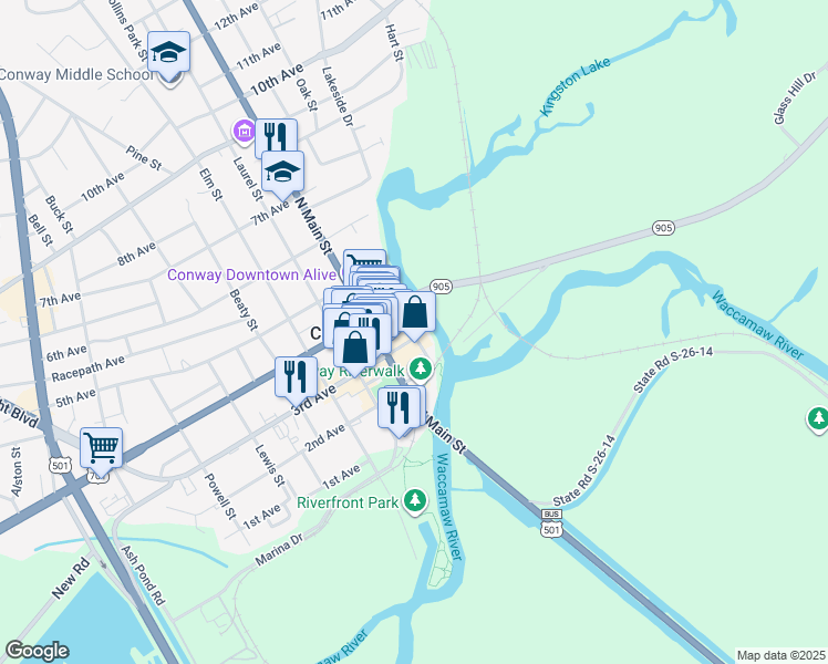 map of restaurants, bars, coffee shops, grocery stores, and more near 800 3rd Avenue in Conway