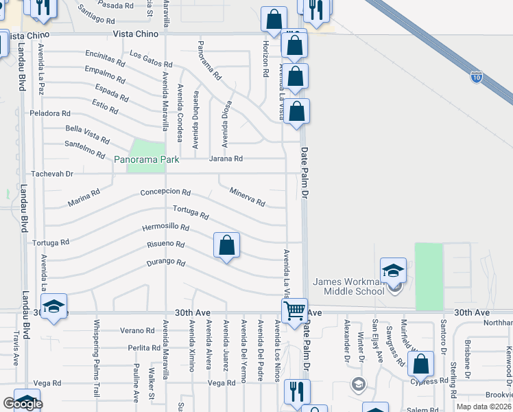 map of restaurants, bars, coffee shops, grocery stores, and more near 68875 Minerva Road in Cathedral City