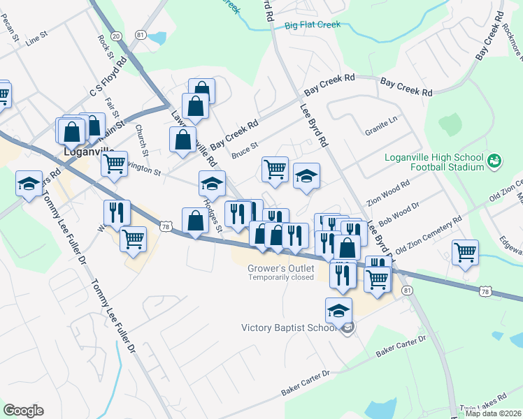 map of restaurants, bars, coffee shops, grocery stores, and more near 4589 Highway 81 in Loganville