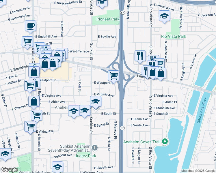 map of restaurants, bars, coffee shops, grocery stores, and more near 522 South Hilda Court in Anaheim