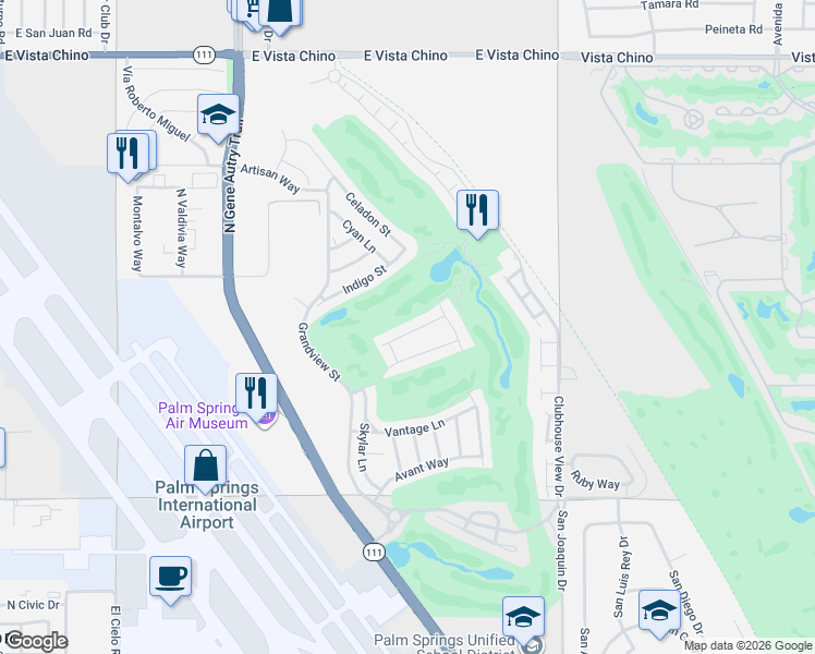 map of restaurants, bars, coffee shops, grocery stores, and more near 4321 Lumina Way in Palm Springs