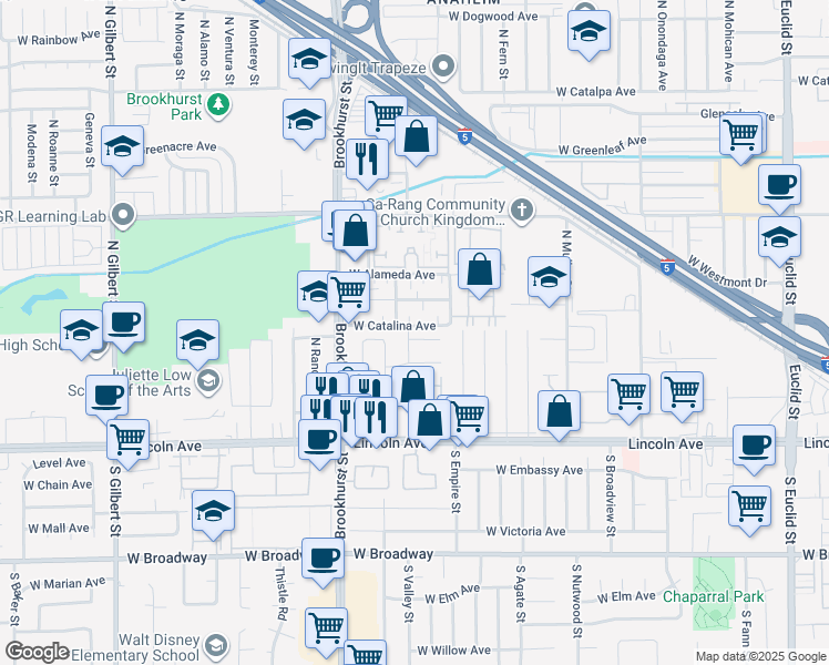 map of restaurants, bars, coffee shops, grocery stores, and more near 2127 West Sunrise Avenue in Anaheim