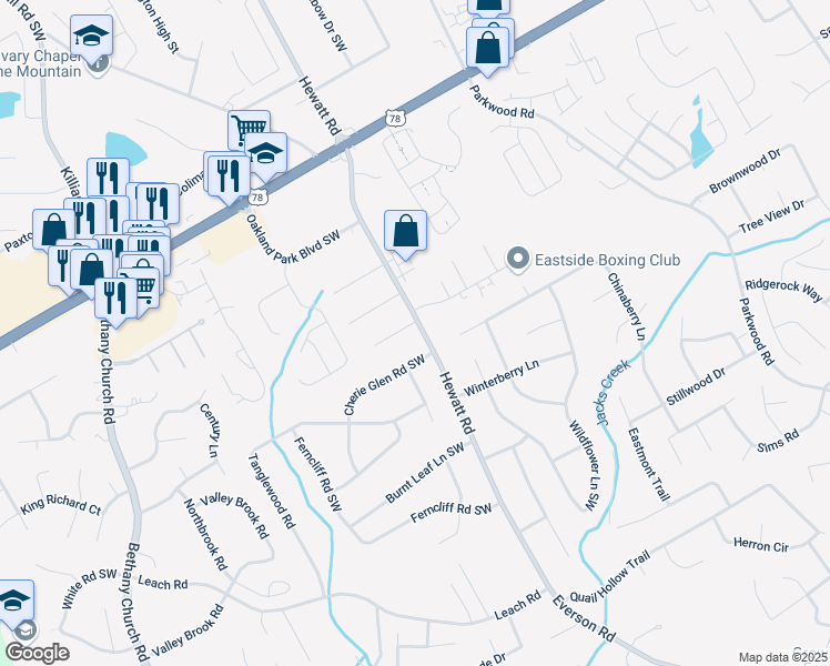 map of restaurants, bars, coffee shops, grocery stores, and more near 2419 Hewatt Road in Snellville