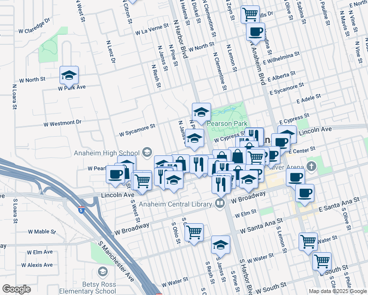 map of restaurants, bars, coffee shops, grocery stores, and more near 301 North Janss Street in Anaheim