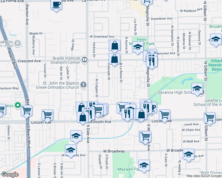 map of restaurants, bars, coffee shops, grocery stores, and more near 326 Colorado Street in Anaheim