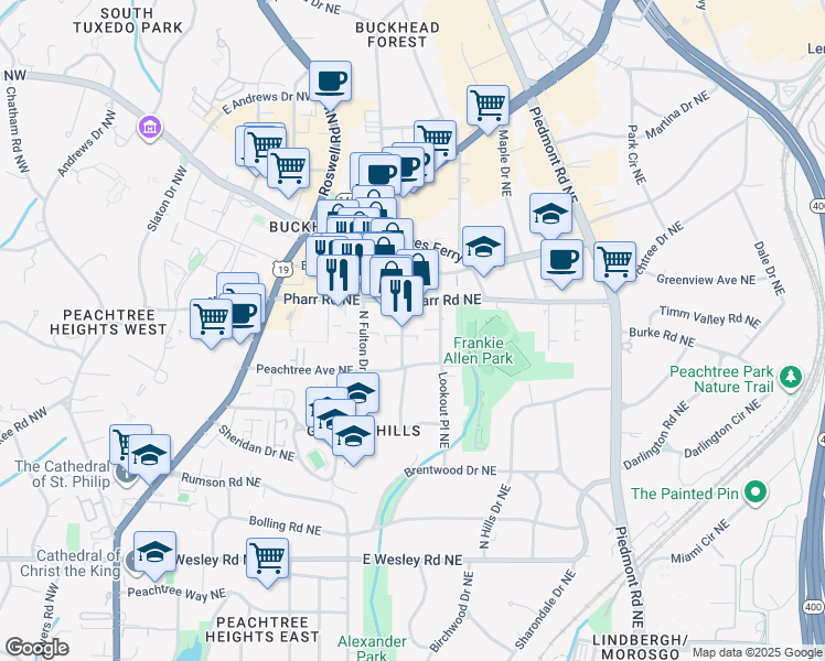 map of restaurants, bars, coffee shops, grocery stores, and more near 2962 Grandview Avenue Northeast in Atlanta