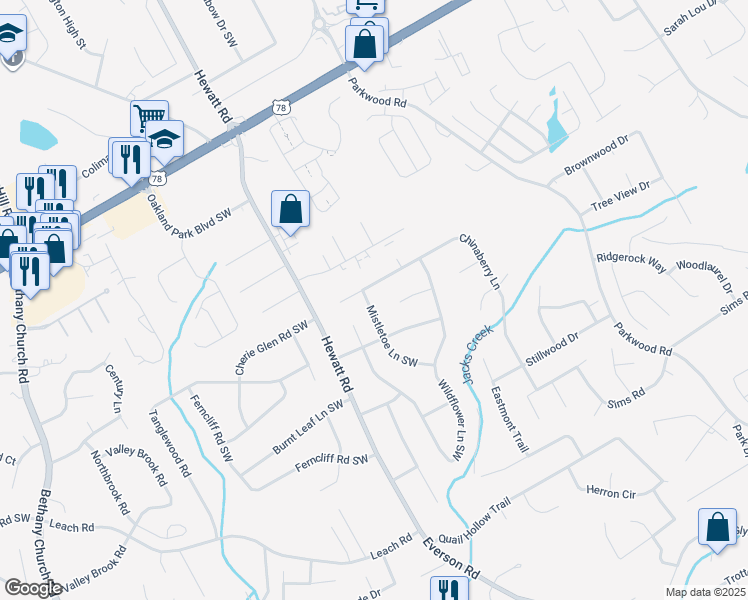 map of restaurants, bars, coffee shops, grocery stores, and more near 2462 Mistletoe Lane Southwest in Snellville