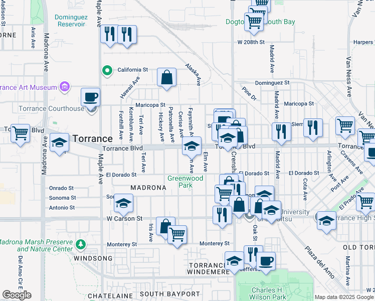 map of restaurants, bars, coffee shops, grocery stores, and more near 2660 Torrance Boulevard in Torrance