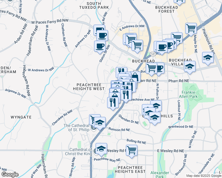 map of restaurants, bars, coffee shops, grocery stores, and more near 2900 Peachtree Road Northwest in Atlanta