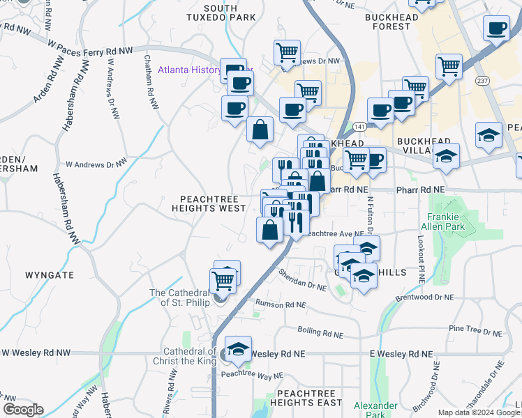 map of restaurants, bars, coffee shops, grocery stores, and more near 2965 Pharr Court South Northwest in Atlanta