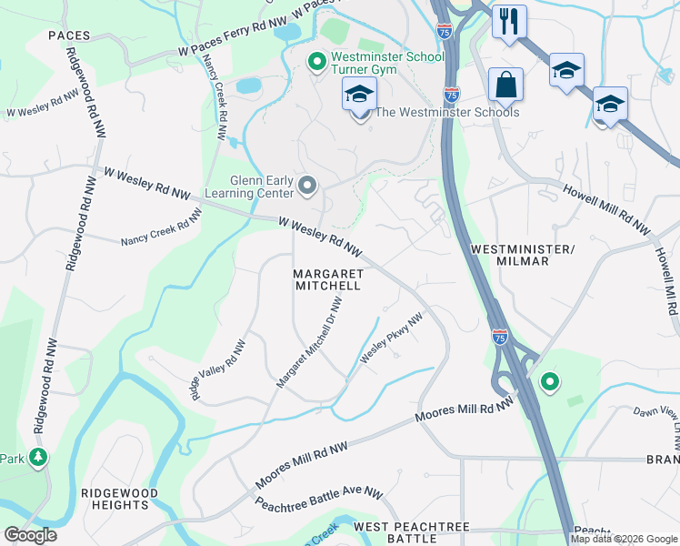map of restaurants, bars, coffee shops, grocery stores, and more near 2878 Wesley Heath in Atlanta