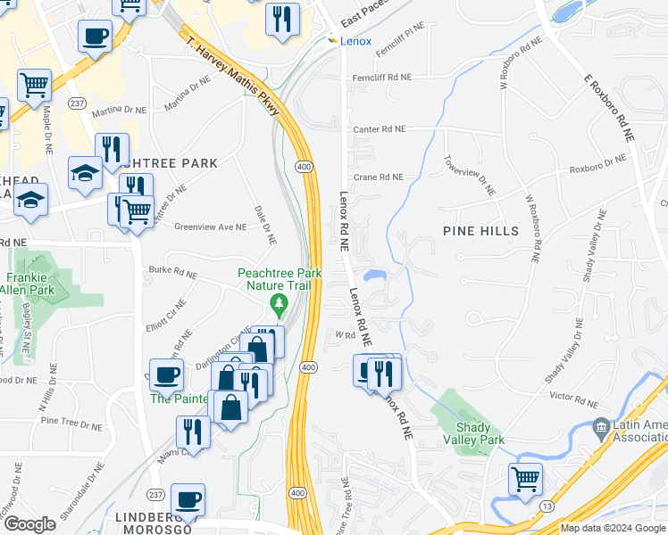 map of restaurants, bars, coffee shops, grocery stores, and more near 889 Lenox Court Northeast in Atlanta